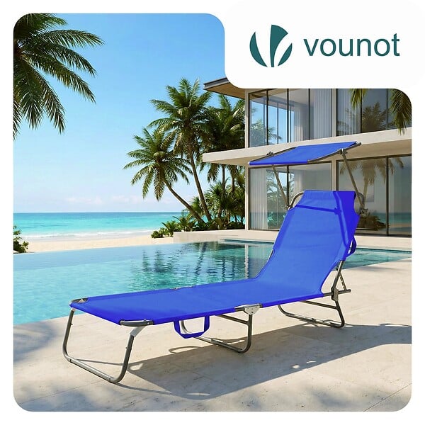 VOUNOT - Chaise longue pliante avec pare soleil bleu - large