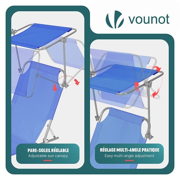VOUNOT - Chaise longue pliante avec pare soleil bleu - large