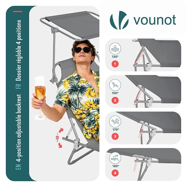 VOUNOT - Chaise longue pliante avec pare soleil gris - large