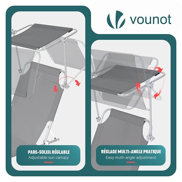 VOUNOT - Chaise longue pliante avec pare soleil gris - large