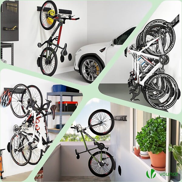 VOUNOT - Support mural rangement pour 4 velos et 2 casques rails et crochets metal noir - large