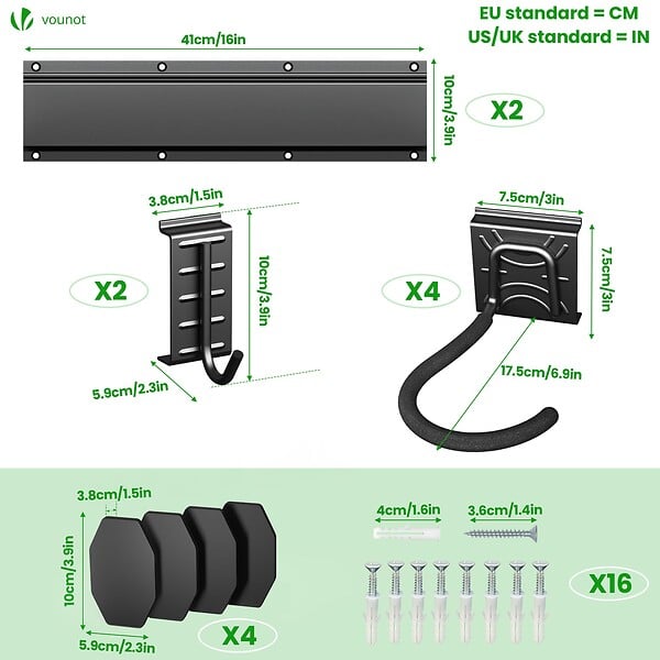 VOUNOT - Support mural rangement pour 4 velos et 2 casques rails et crochets metal noir - large