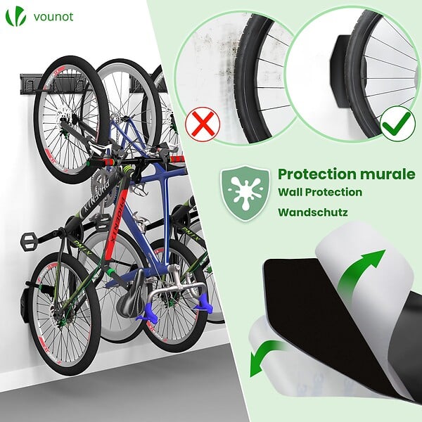 VOUNOT - Support mural rangement pour 4 velos et 2 casques rails et crochets metal noir - large