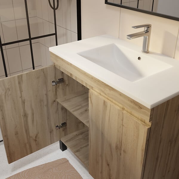 AURLANE - Meuble de salle de bains 60 cm TIMBER - Décor Chêne Naturel à portes avec Vasque céramique blanche - large