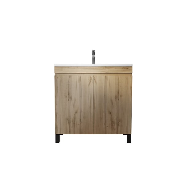 AURLANE - Meuble de salle de bains 80cm 2 Portes_Chêne Naturel + Vasque céramique blanche - TIMBER 80 - large