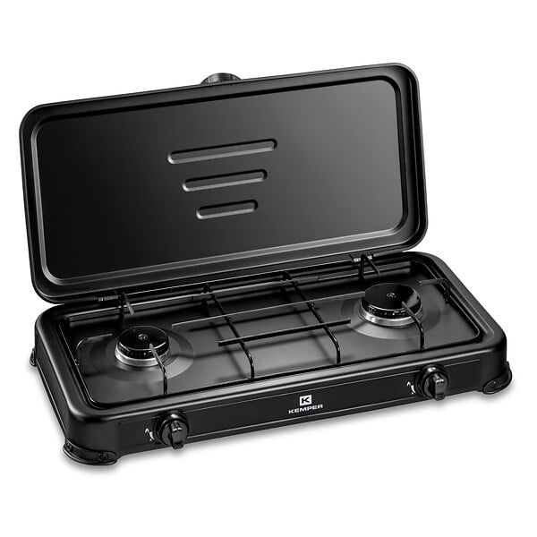 KEMPER - Réchaud gaz portable 2 feux 2600W Noir Couvercle Plaque de cuisson KEMPER - large