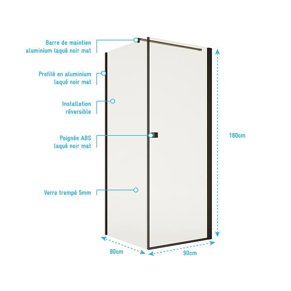AURLANE - Porte de Douche Pivotante 90x180cm et Retour 90cm - Profil Noir - Verre 5mm - DARK ELEMENTARY - large