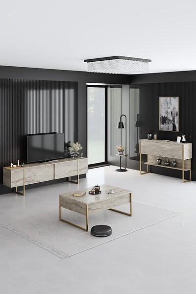 HABITAT ET JARDIN - Console en bois "Luxe" - 120 x 30 x 80 cm - Travertin Or - large