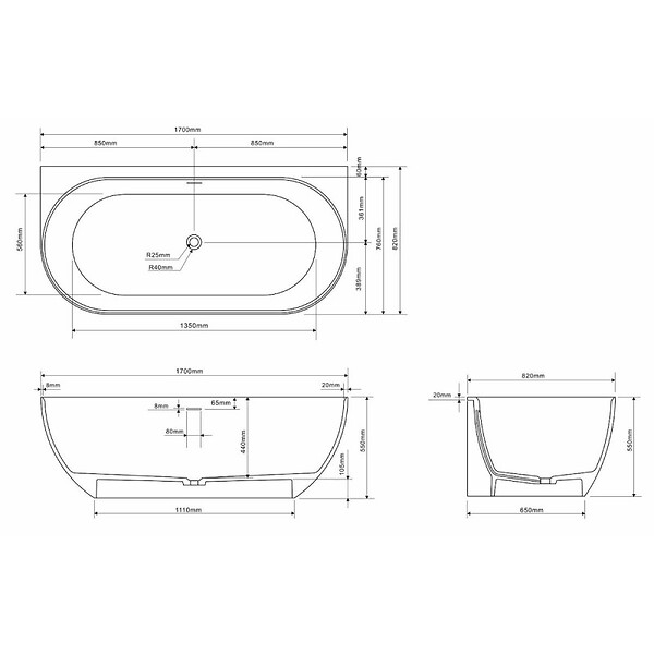 SWISS AQUA TECHNOLOGIES - Swiss Aqua Technologies Lesly 170 x 82 cm Baignoire semi-îlot en marbre coulé, sans pieds, blanc (LE1700) - large