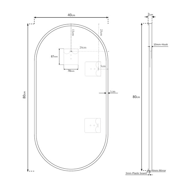 NATUREL - Naturel B-Way 40x80 cm miroir suspendu ovale sans tain, cadre en aluminium, noir (ZBWOV8040C) - large