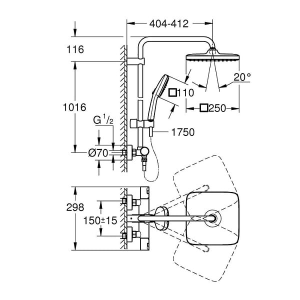 GROHE - Grohe Vitalio Comfort 250 colonne de douche thermostatique + douche de tête + douchette à main 2 jets, noir mat (G266962431) - large