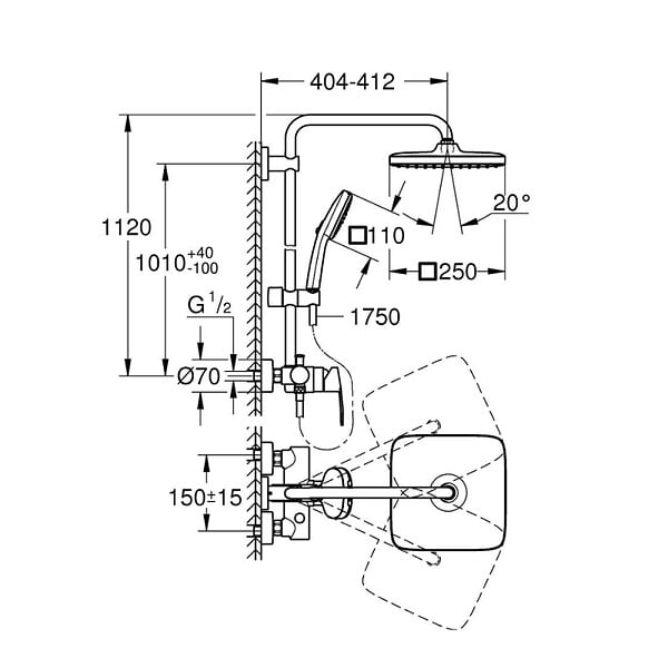 GROHE - Vitalio Comfort 250 Colonne de douche avec mitigeur monocommande + Douche de tête + Douchette 2 jets, chrome (G26985001) - large