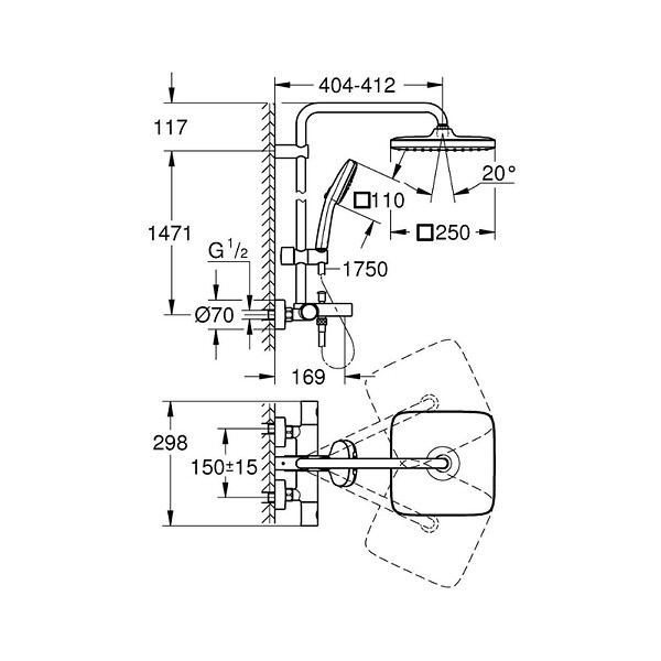 GROHE - Vitalio Comfort 250 Colonne de douche avec mitigeur thermostatique + Douche de tête + Douchette 2 jets, chrome (G26984001) - large