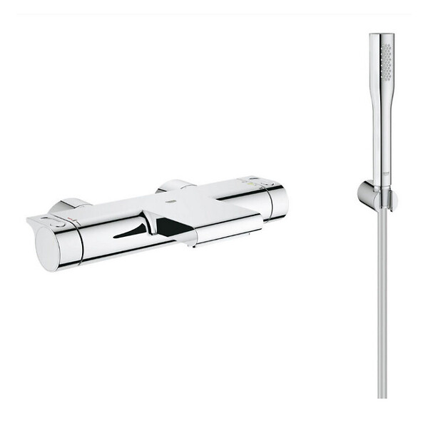GROHE - Grohe Grohtherm 2000 Set mitigeur thermostatique bain/douche + Douchette 1 jet + Flexible et support mural, Chrome (34174001-Euphoria) - large