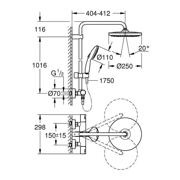GROHE - Grohe Vitalio Start System 250 Colonne de douche avec mitigeur thermostatique + Douche de tête + Douchette 2 jets, chrome (G26677001) - large