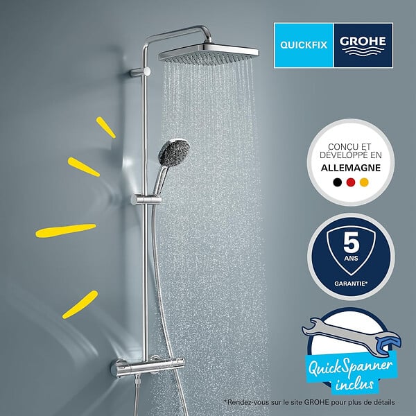 GROHE - Vitalio Comfort 250 Colonne de douche avec mitigeur thermostatique + Douche de tête + Douchette 2 jets, chrome (G26696001) - large