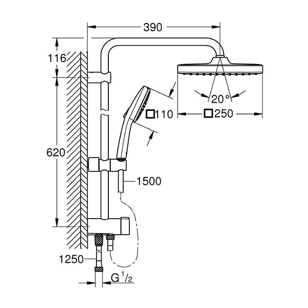 GROHE - Vitalio Comfort 250 Colonne de douche avec inverseur manuel + Douche de tête 2 jets + Douchette 2 jets, noir mat (G266982431) - large