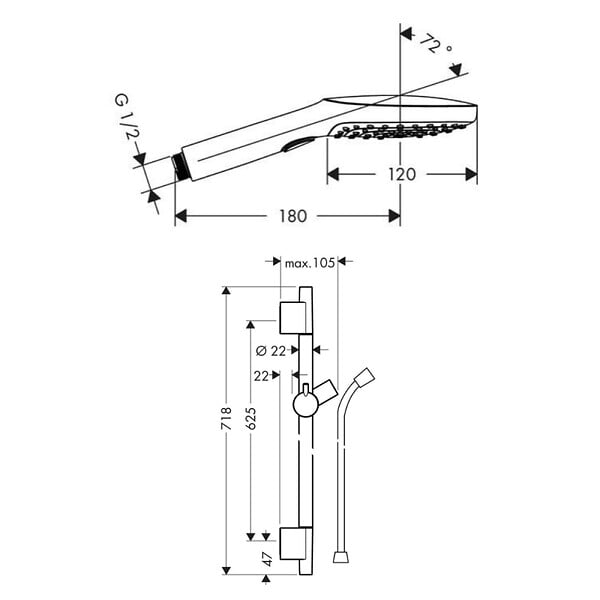 HANSGROHE - Hansgrohe Unica Set barre de douche S Puro 65 cm avec flexible + Douchette à main 3 jets Raindance 120 Select E , noir mat (28632670-SET) - large