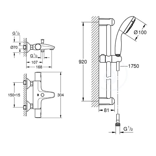 GROHE - Grohe Tempesta 100 ensemble de douche complet 3 jets + mitigeur thermostatique bain/douche 1/2", chrome (34598000-28789002) - large