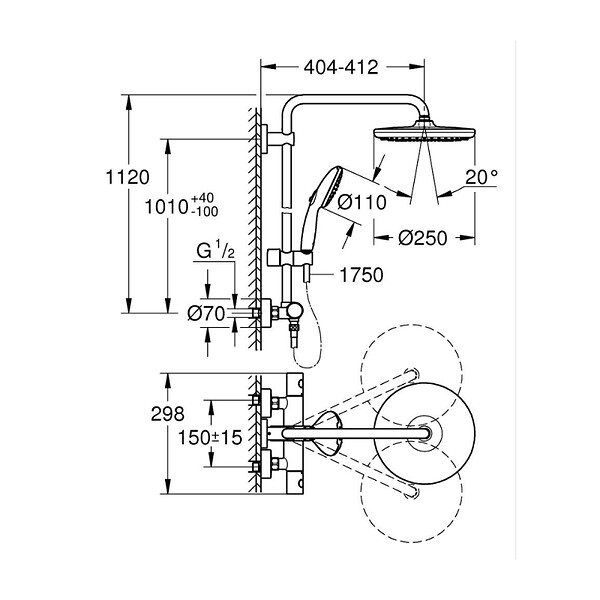 GROHE - Grohe Vitalio Start System 250 colonne de douche thermostatique + douche de tête + douchette 2 jets, noir mat (G266782431) - large