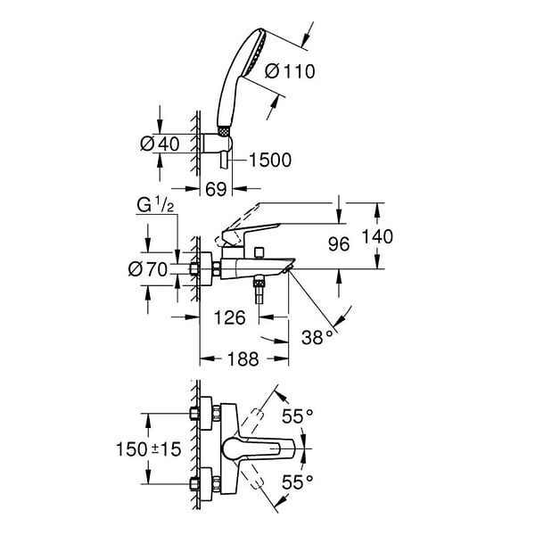 GROHE - Start Set de douche mitigeur monocommande Bain/Douche + Douchette à main 1 jet + Support mural, chrome (G25283002) - large