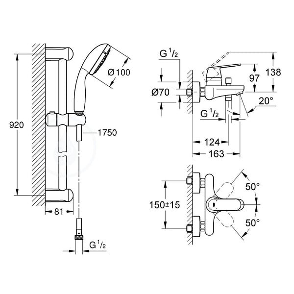 GROHE - Grohe Tempesta 100 ensemble de douche complet 3 jets + mitigeur monocommande 1/2" bain/douche, chrome (32831000-28789002) - large