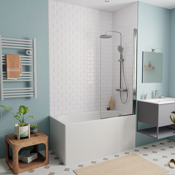 JIKA (GROUPE ROCA) - Jika (Groupe Roca) 130x70 cm Ensemble baignoire Riga universelle + Pare baignoire pivotant chrome + pieds (3403-SETP) - large