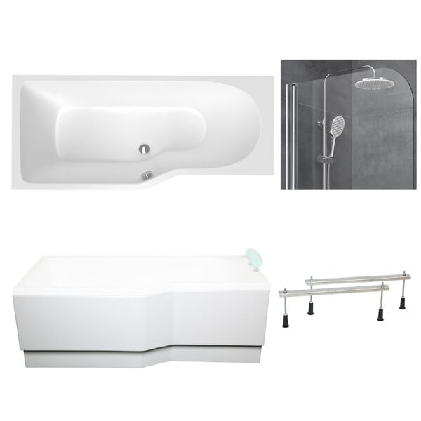 LAGUNA - 160x80 cm Beata Plus baignoire bain douche en acrylique, gauche + tablier + pare-baignoire, pieds, blanc (BE1600LPLUS-SETP1) - large