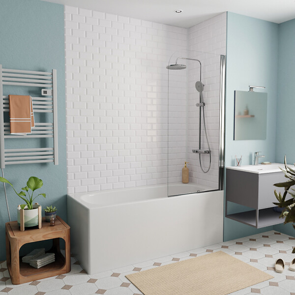 JIKA (GROUPE ROCA) - Jika (Groupe Roca) 160x70 cm Ensemble baignoire Riga universelle + Pare baignoire pivotant chrome + pieds (3406-SETP) - large