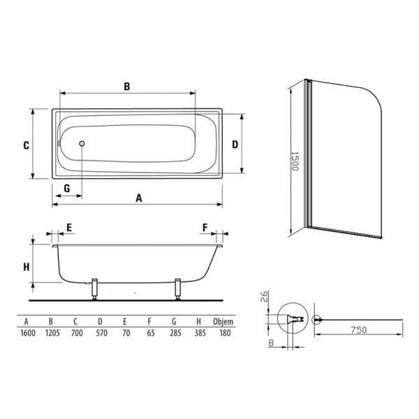 JIKA (GROUPE ROCA) - Jika (Groupe Roca) 160x70 cm Ensemble baignoire Riga universelle + Pare baignoire pivotant chrome + pieds (3406-SETP) - large