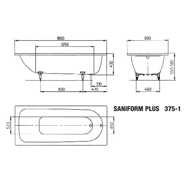KALDEWEI - Saniform Plus baignoire rectangulaire avec pieds 180x80 cm acier émaillé, Blanc alpin (112800010001-SET) - large