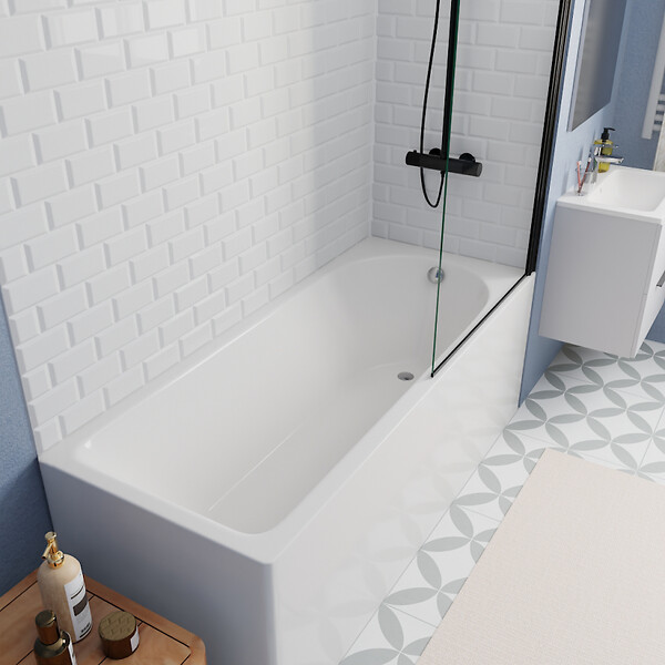 KALDEWEI - Kaldewei 170x70 cm Ensemble baignoire Eurowa universelle + Pare baignoire pivotant noir + pieds (KW312-SETP5) - large