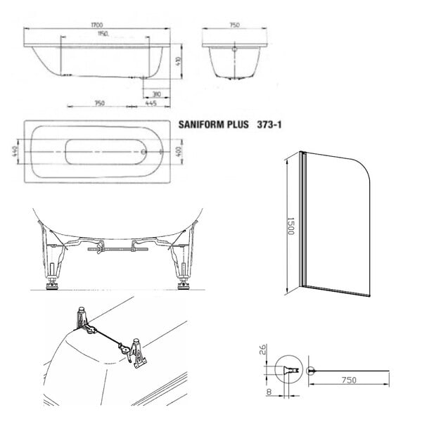 KALDEWEI - 170x75 cm Ensemble baignoire Saniform universelle + Pare baignoire pivotant chrome + pieds (KW3731-SETP1) - large