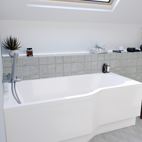 LAGUNA - 160x80 cm Beata Plus baignoire bain/douche asymétrique en acrylique, gauche + tablier 160 cm + pieds, blanc (BE1600LPLUS-SET1) - large