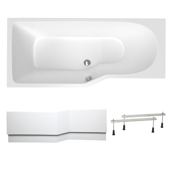 LAGUNA - 160x80 cm Beata Plus baignoire bain/douche asymétrique en acrylique, gauche + tablier 160 cm + pieds, blanc (BE1600LPLUS-SET1) - large