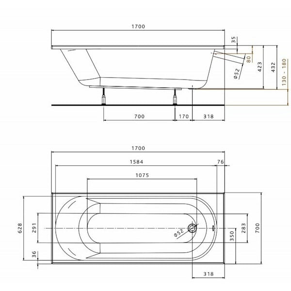 KOLO BY GEBERIT - KOLO by Geberit Opal Plus 170 x 70 cm Baignoire droite avec pieds 190 L en acrylique, blanc (XWP1270000) - large