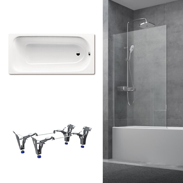 KALDEWEI - Kaldewei 170x75 cm Ensemble baignoire Saniform universelle + Pare baignoire fixe chrome + pieds (KW3731-SETP3) - large