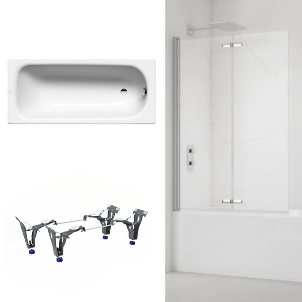 KALDEWEI - Kaldewei 170x75 cm Ensemble baignoire Saniform universelle + Pare baignoire pliable, 2 volets chrome + pieds (KW3731-SETP2) - large