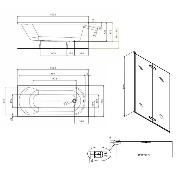 KOLO BY GEBERIT - KOLO by Geberit 160x70 cm Ensemble baignoire Opal Plus universelle +Pare baignoire pliable, 2 volets chrome + pieds (XWP1260000-SETP2) - large