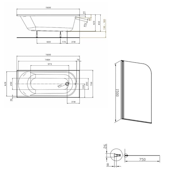KOLO BY GEBERIT - 160x70 cm Ensemble baignoire Opal Plus universelle + Pare baignoire pivotant chrome + pieds (XWP1260000-SETP1) - large