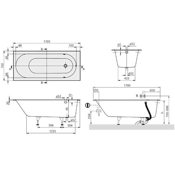 VILLEROY & BOCH - Oberon Baignoire droite Ovale 170 x 70 cm en marbre coulé, pieds fourni, blanc (UBQ177OBE2V-01) - large