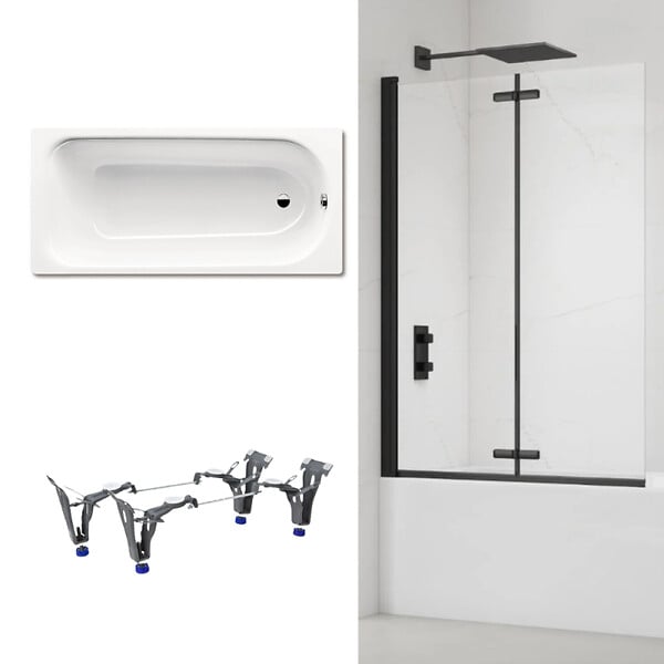 KALDEWEI - Kaldewei 170x75 cm Ensemble baignoire Saniform universelle + Pare baignoire pliable, 2 volets noir + pieds (KW3731-SETP4) - large