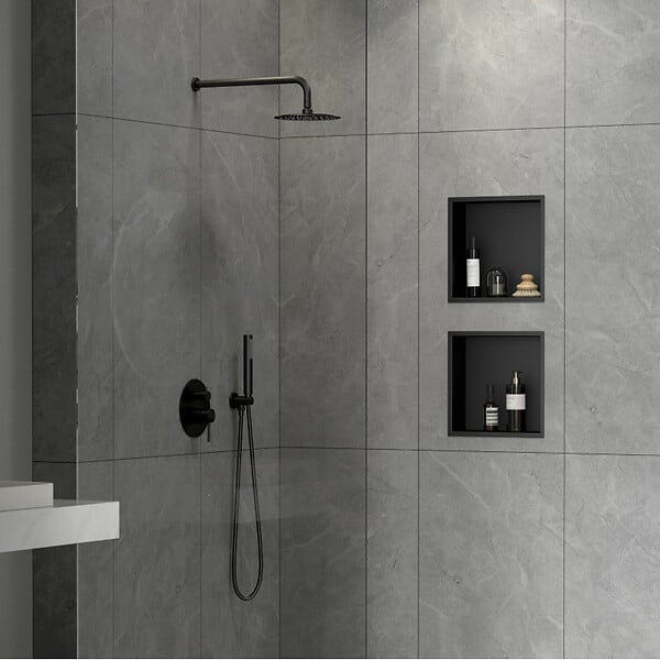 SWISS AQUA TECHNOLOGIES - Swiss Aqua Technologies Aurum Niche de Douche à encastrer, Acier Inoxydable 304, 30x30x10cm, Noir mat (SATAURN3030MB) - large