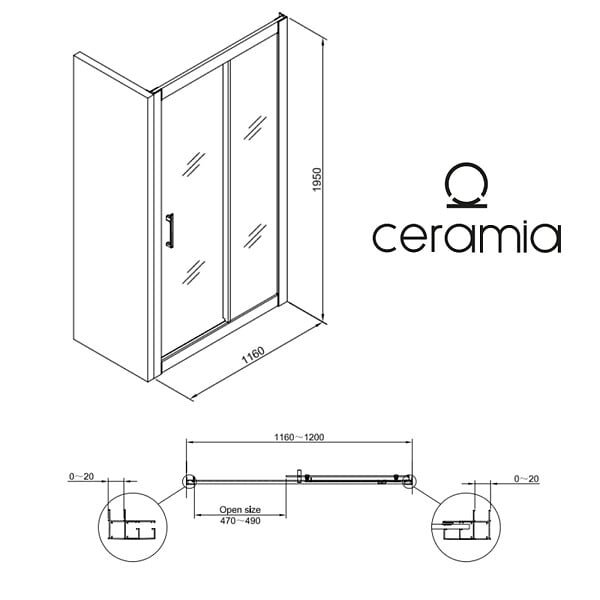 CERAMIA - Ceramia PURA Porte de douche 120x195cm coulissante anticalcaire avec profilés Noir mat (CERAHP120B) - large