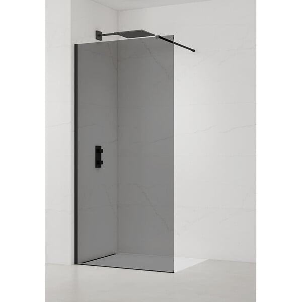 SWISS AQUA TECHNOLOGIES - Swiss Aqua Technologies Walk-in 80x200cm Paroi en verre fumé 8 mm anticalcaire, avec bras et profilés noir mat (SATBWI80KSPRC) - large