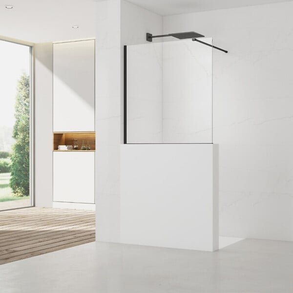 SWISS AQUA TECHNOLOGIES - Swiss Aqua Technologies Pare-muret 100x90cm Paroi en verre Crystal Glass® 8 mm anticalcaire, avec bras et profilés noir mat (SATBWIS90PRC) - large