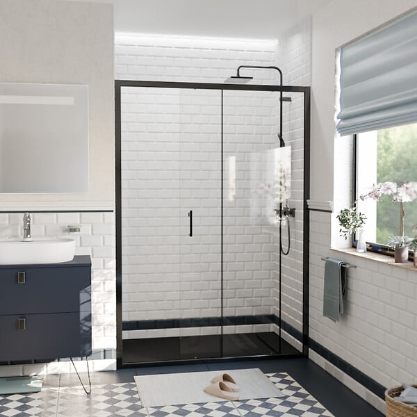 CERAMIA - Ceramia PURA Porte de douche 140x195cm coulissante anticalcaire avec profilés Noir mat (CERAHP140B) - large
