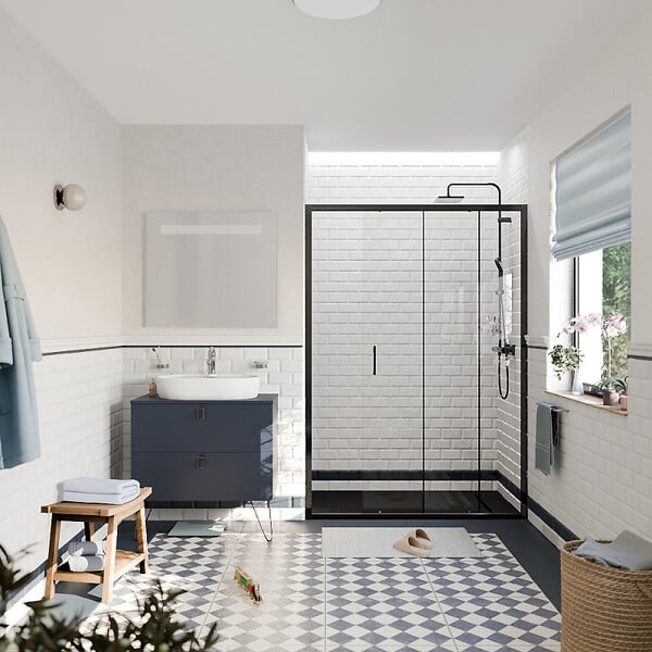 CERAMIA - Ceramia PURA Porte de douche 140x195cm coulissante anticalcaire avec profilés Noir mat (CERAHP140B) - large