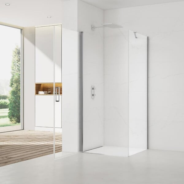 SWISS AQUA TECHNOLOGIES - Fusion ensemble porte pivotante /paroi 80x80cm anticalcaire avec profilés chrome brillant (SATFUDP80S80-SET) - large