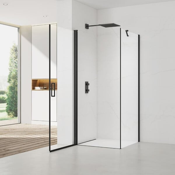 SWISS AQUA TECHNOLOGIES - Swiss Aqua Technologies Fusion ensemble porte pivotante /paroi 80x90cm anticalcaire avec profilés noir mat (SATFUD80S90C-SET) - large